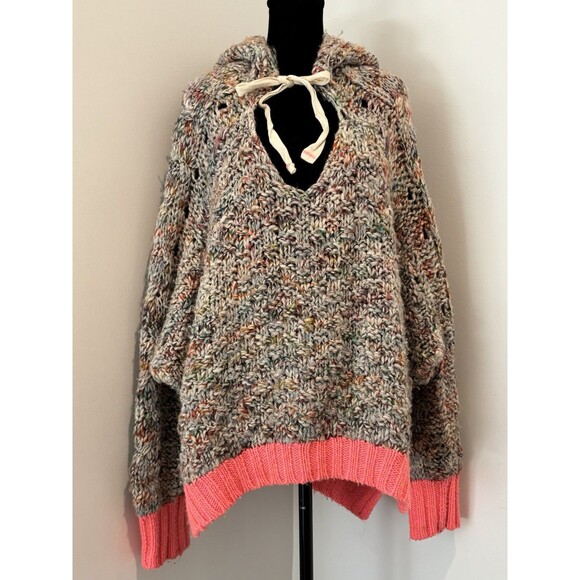 FREE PEOPLE Mystical Neon Orange Cuff Chunky Hooded Sweater L $228 Retail - Picture 4 of 10